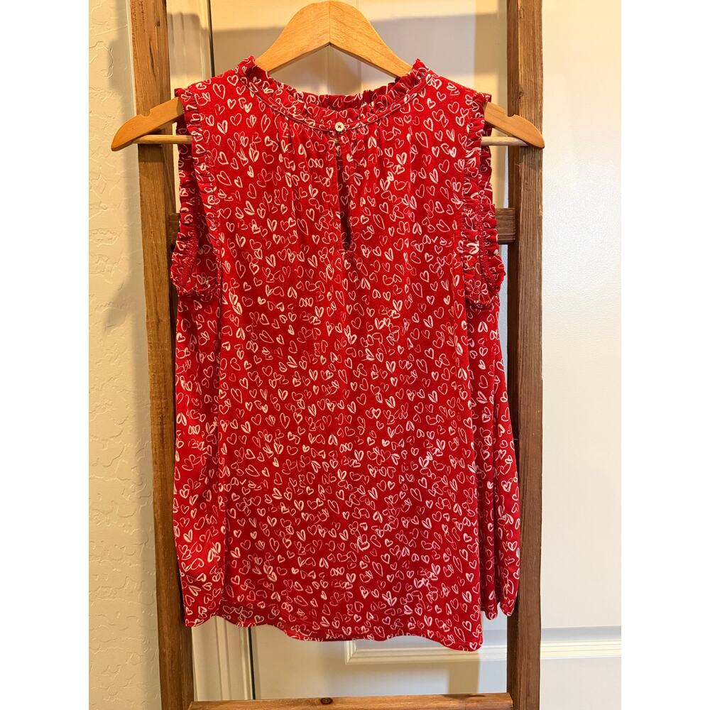 Loft Red Heart Print Ruffle Sleeve Blouse XS Lightweight Flowy Top - Picture 3 of 5